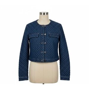 Cider Quilted Denim Jacket Blue Cropped Snap Button Pockets Small